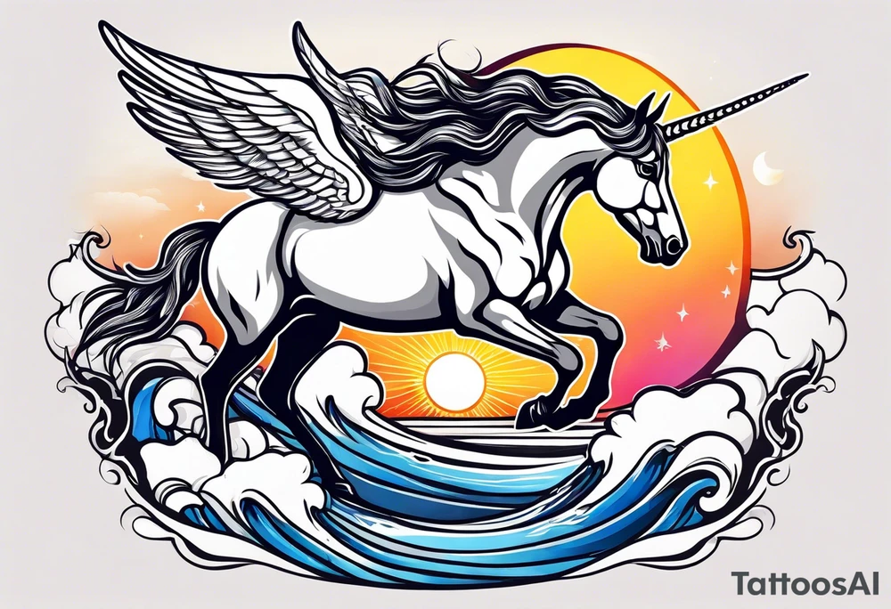 Unicorn jumping over a PENGUIN with the sun tattoo idea