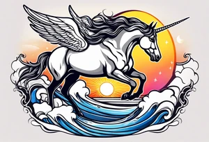 Unicorn jumping over a PENGUIN with the sun tattoo idea