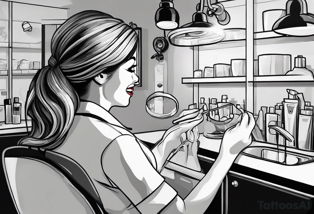 a view of a female, attractive dentist working on a set of teeth, seen from inside the mouth tattoo idea