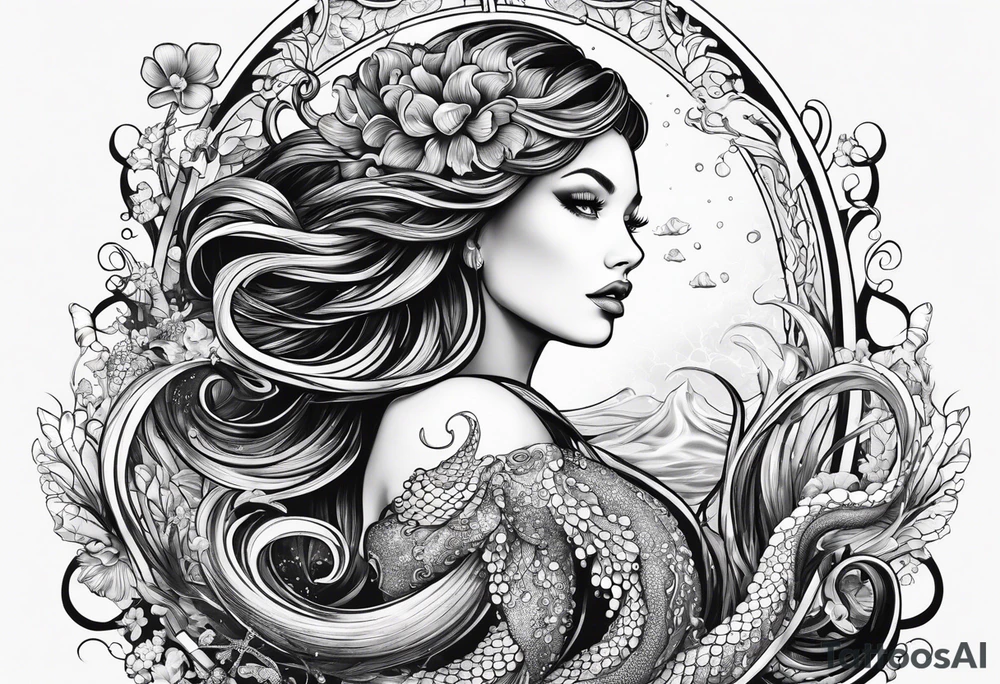 mermaid, octopus, algae, waves tattoo idea