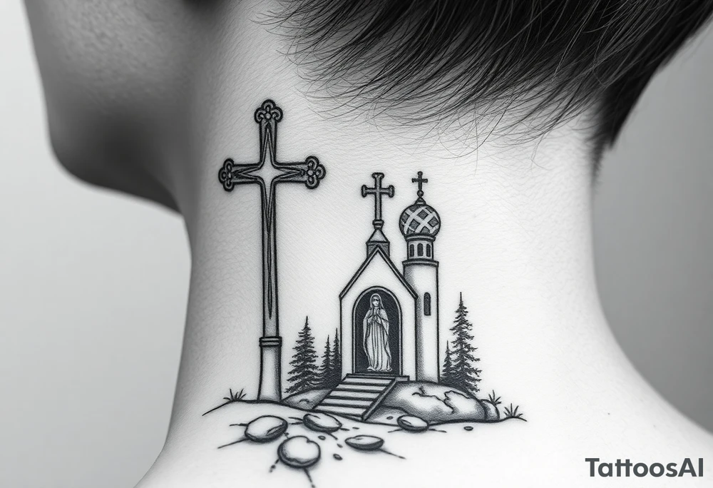 russian design traditional christian orthodox cross with a virgin mary stood beside the entrance of a russian orthodox dome church on the side of the neck in a wilderness setting tattoo idea