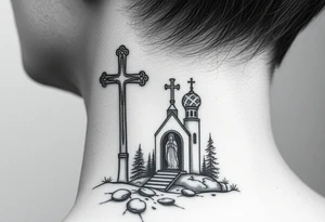 russian design traditional christian orthodox cross with a virgin mary stood beside the entrance of a russian orthodox dome church on the side of the neck in a wilderness setting tattoo idea