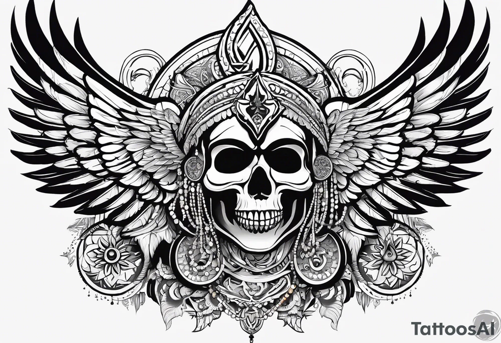 black kali, goddess pirate, alien, angel, pachamama, valkrye, warrior, flying, skull, lotus azul, wing, eagle, zenza resonance, stars, 5D, anahata chakra, death, durga tattoo idea