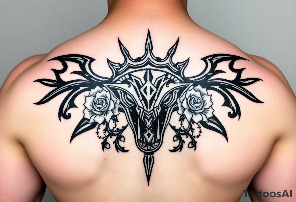 ornate hammerhead adorned with crown of wild roses and thorns tattoo idea