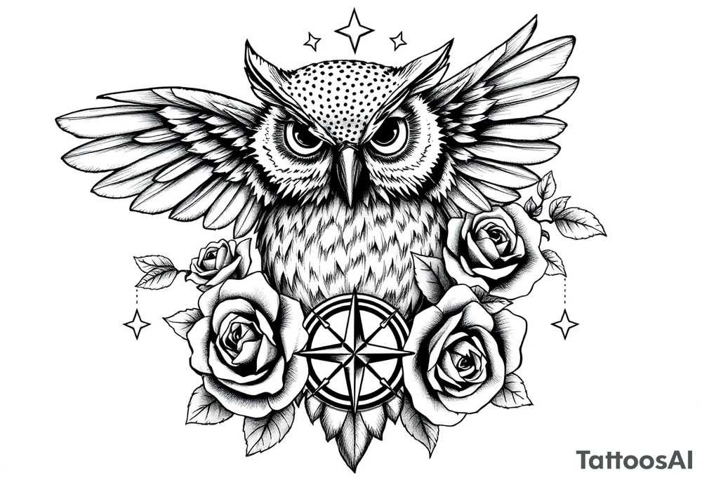 an owl,compass,roses,stars. tattoo idea
