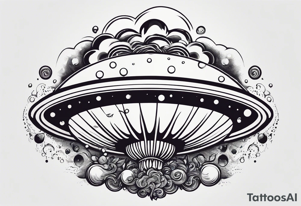 thinner rocketship with a psychedelic mushroom top with fire coming out the bottom bursting out of bubble as the bubble pops tattoo idea
