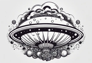 thinner rocketship with a psychedelic mushroom top with fire coming out the bottom bursting out of bubble as the bubble pops tattoo idea