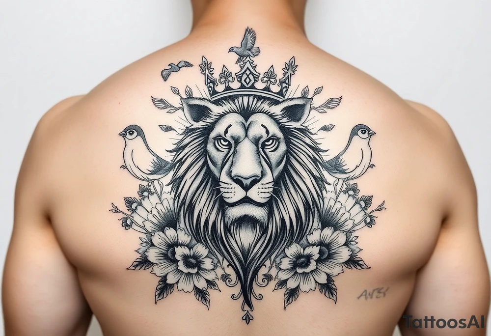 powerful majestic lion with a crown, surrounded by floral ornaments and birds tattoo idea