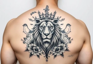 powerful majestic lion with a crown, surrounded by floral ornaments and birds tattoo idea