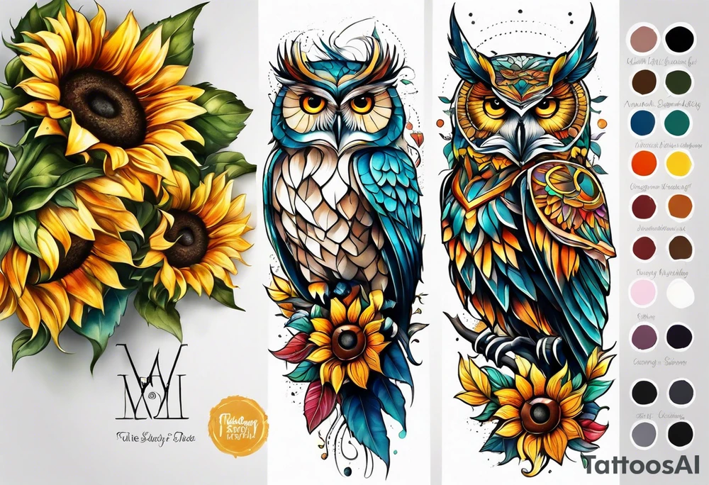 Leg sleeve with colorful sunflowers and an owl tattoo idea
