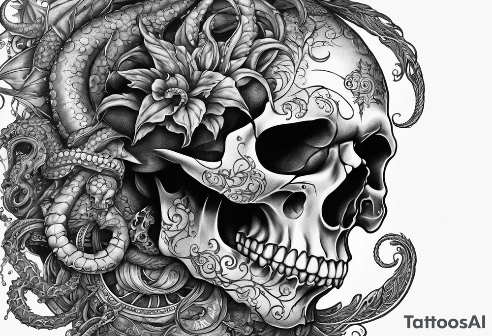 Skull with tentacles and text above and below  “Dead men, tell no tales” tattoo idea