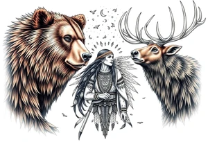 Indigenous, Majestic, and Powerful male Goliath Grizzly Bear and Elk. Both guarding an Indigenous, Majestic, and Powerful Raven haired Warrior Squaw surrounded by The Great Spirits in the sky tattoo idea