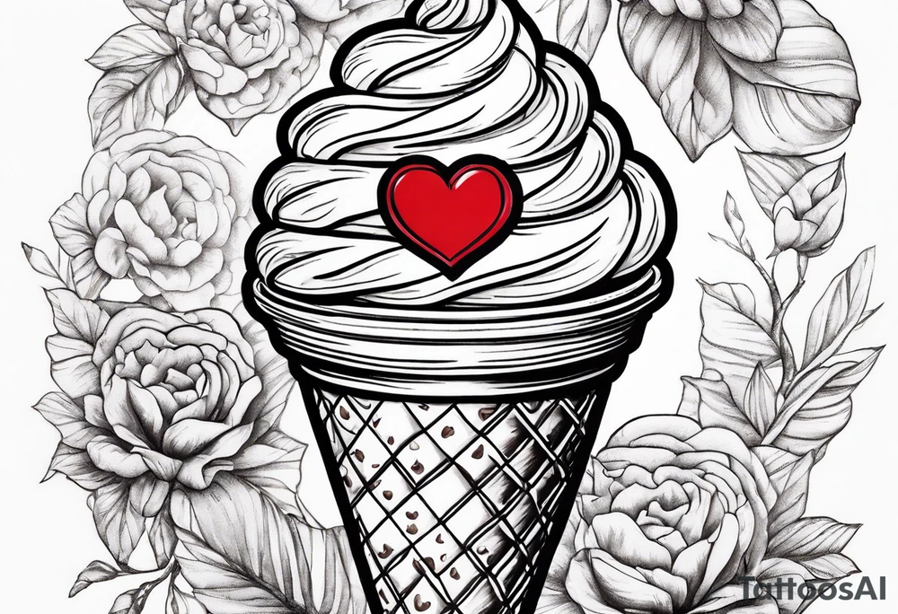 sketch chocolate chip ice cream cone with one red heart tattoo idea