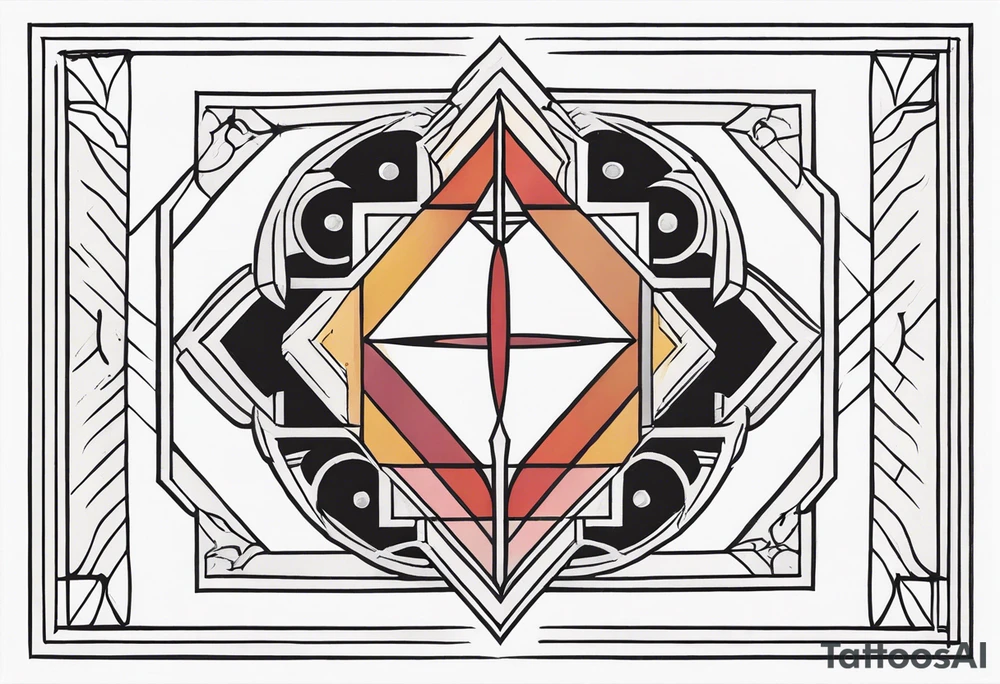 Bold geometric tapestry trident in colour on arm tattoo idea