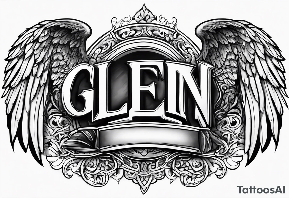 The word Glenn on a banner with angel Wings tattoo idea