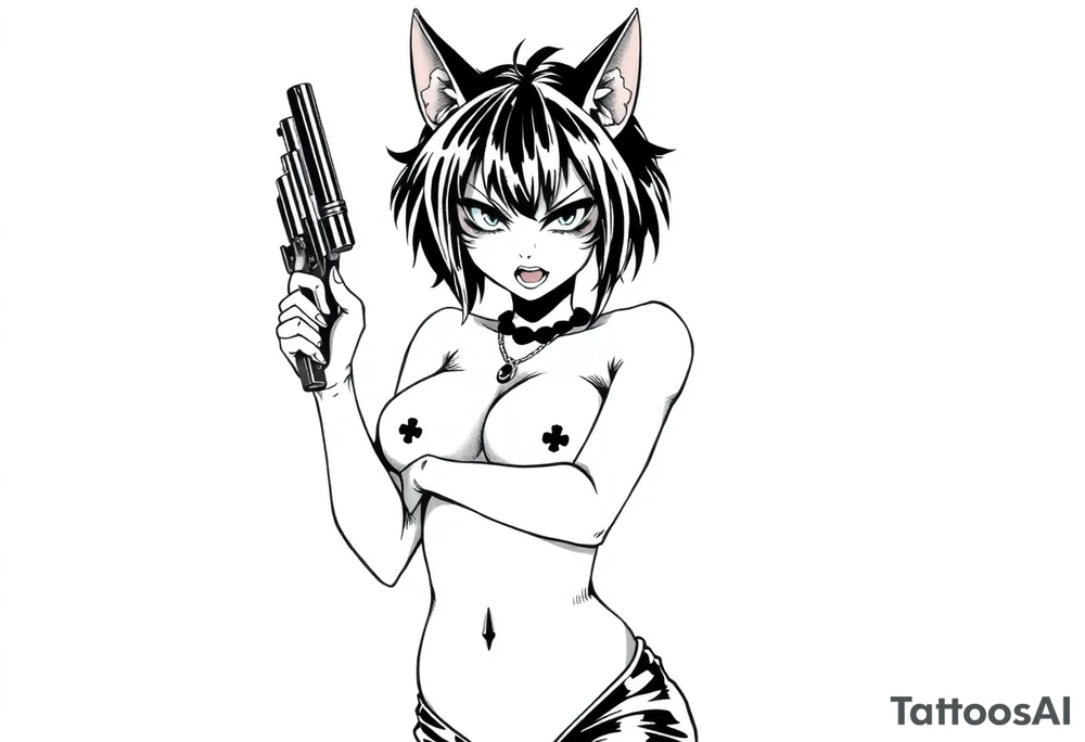 naked catgirl, slut, angry, anime, holding gun tattoo idea