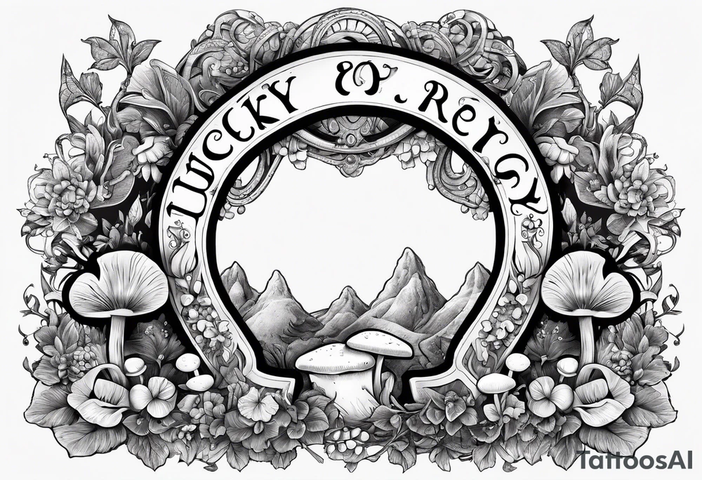 horseshoe, with mushrooms and magic vibes, with "lucky" written on the horseshoe tattoo idea