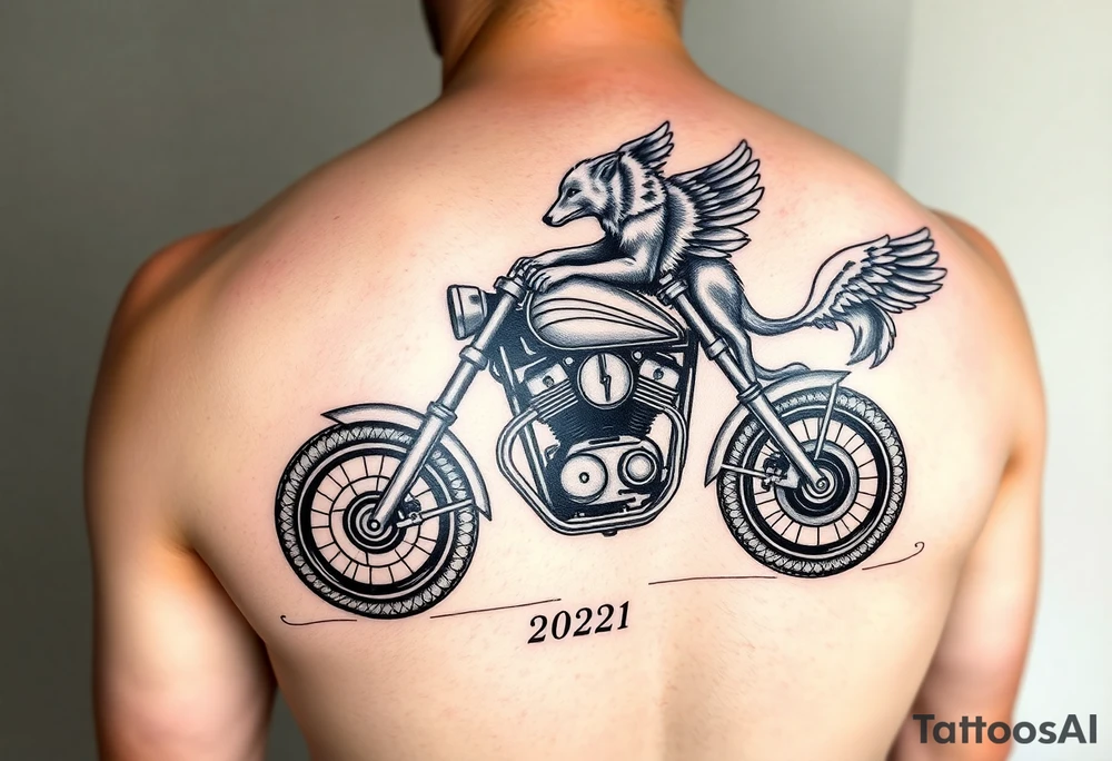 the year 1958 - 2021 with a motorcycle on it with guardian angel wolves tattoo idea