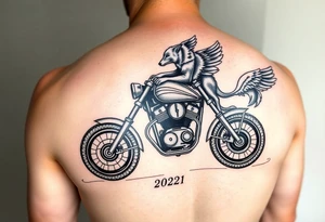 the year 1958 - 2021 with a motorcycle on it with guardian angel wolves tattoo idea