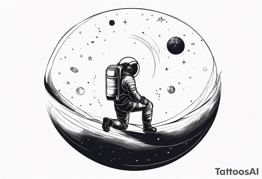 an astronaut hunched over in space from the back holding a planet in his hands tattoo idea