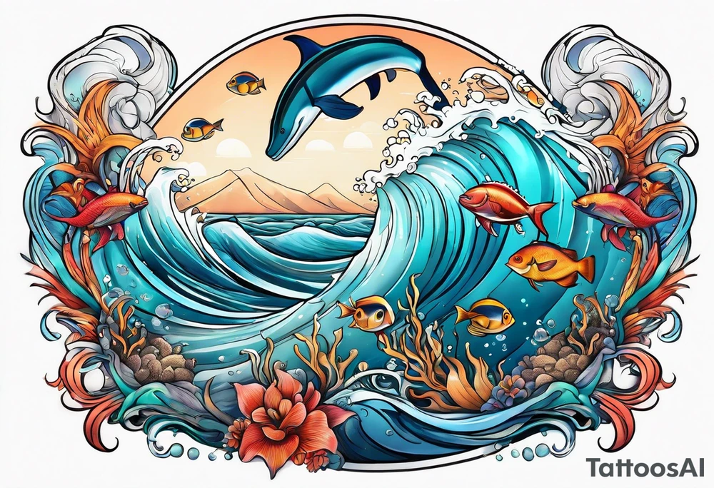 An ocean themed half sleeve with NO FISH tattoo idea