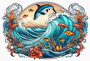An ocean themed half sleeve with NO FISH tattoo idea
