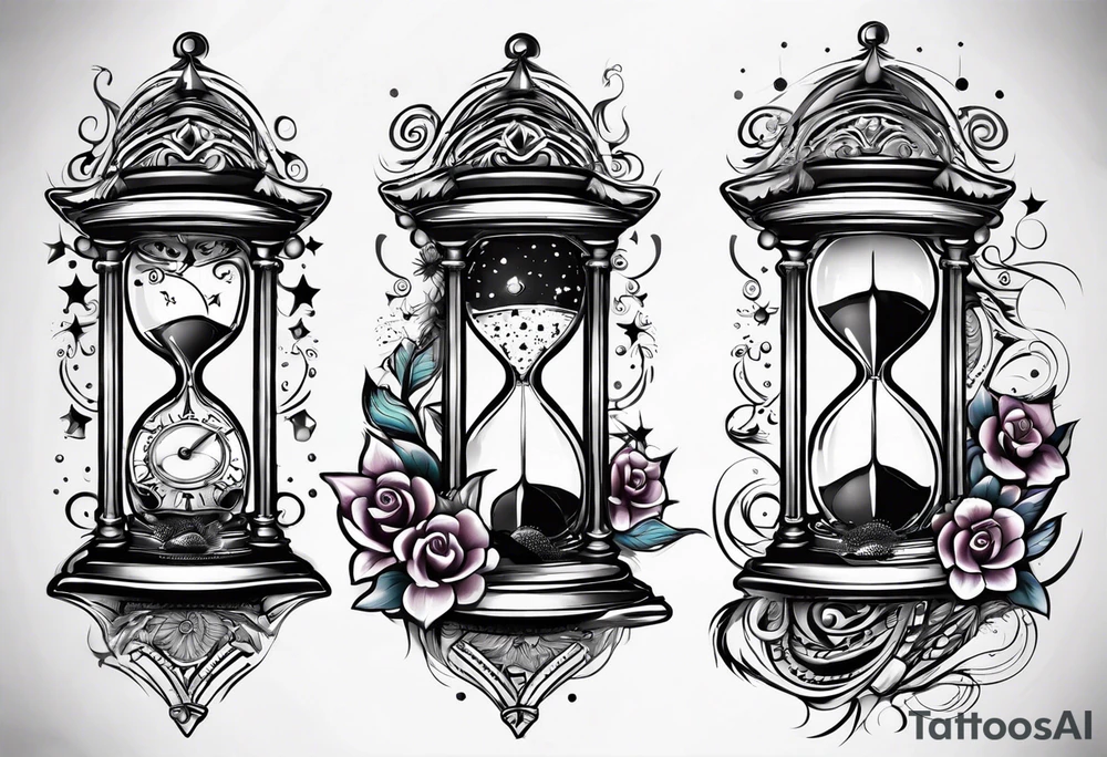 Mix an hourglass with a nautical clock with the addition of planets, galaxies and flower spikes to give a design to print on a t-shirt, the design should be in one color in the form of a tattoo and all the shapes should be mixed to give one shape tattoo idea