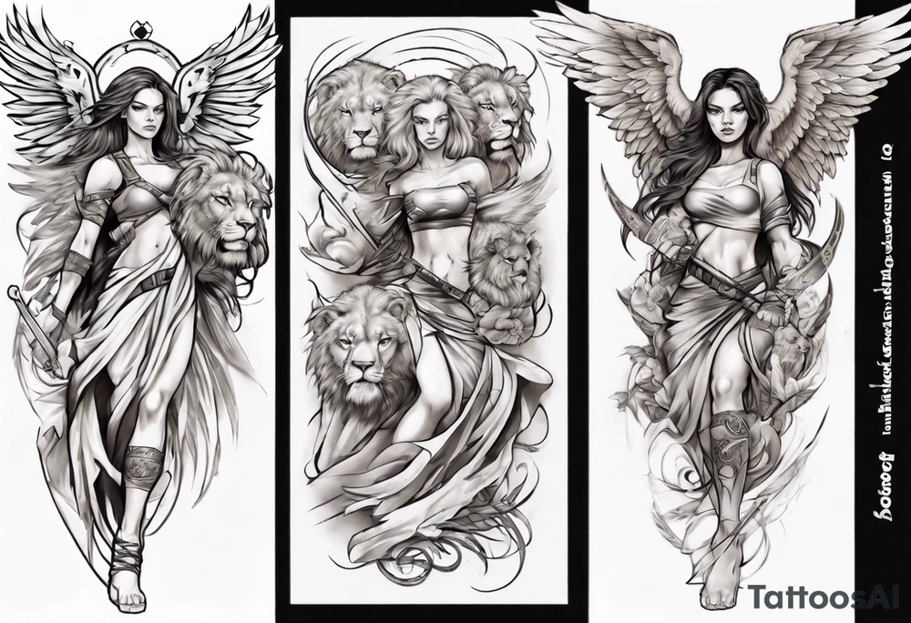 Full arm sleeve with a female Angel warrior at the top of the sleeve with her wings wrapped around the top half of the arm until the elbow. At the bottom of the sleeve a females face with a lion tattoo idea