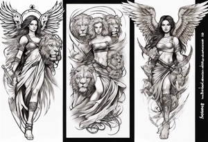Full arm sleeve with a female Angel warrior at the top of the sleeve with her wings wrapped around the top half of the arm until the elbow. At the bottom of the sleeve a females face with a lion tattoo idea