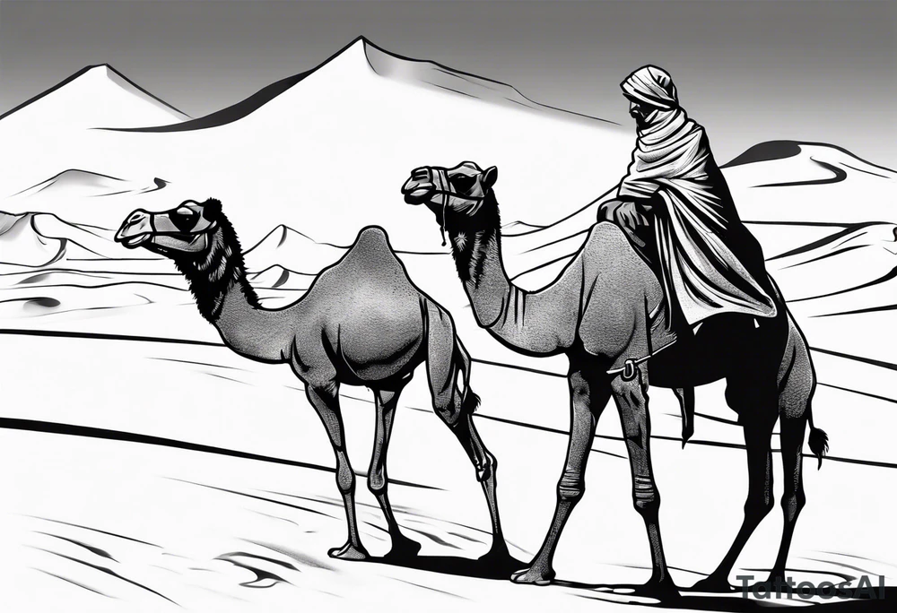 Design a tattoo showcasing, from far away a vast desert landscape with low, undulating sand dunes. Feature a man walking alongside his camel, both resilient against the harsh environment, the man covering his face with a long cloth for protection. tattoo idea