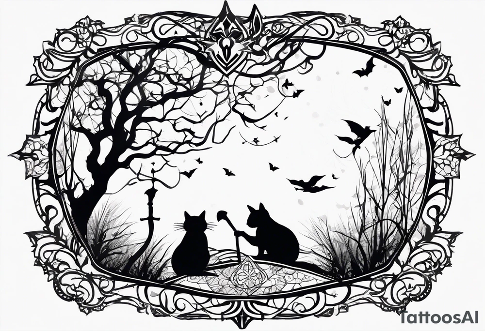 Thin witches silhouette with a beautiful witches broom a black kitty and a Siamese kitty and a tiny hippo tattoo idea