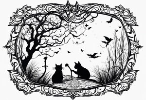 Thin witches silhouette with a beautiful witches broom a black kitty and a Siamese kitty and a tiny hippo tattoo idea