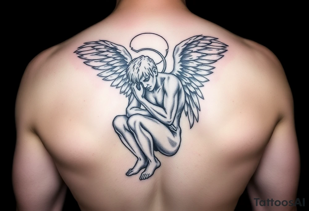 Buff Fallen angel on his knees tattoo idea
