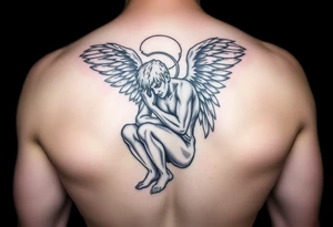 Buff Fallen angel on his knees tattoo idea