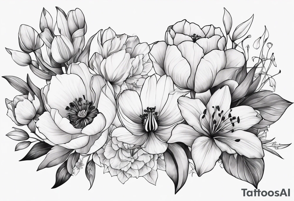 Verticle arm placement of dainty TULIPS, LILLIES, DRAGONflower, poppy, bees, peony, forearm tattoo idea