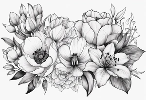 Verticle arm placement of dainty TULIPS, LILLIES, DRAGONflower, poppy, bees, peony, forearm tattoo idea