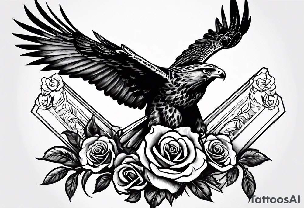 Hawk with rose in mouth flying down on a grave tattoo idea