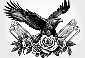 Hawk with rose in mouth flying down on a grave tattoo idea