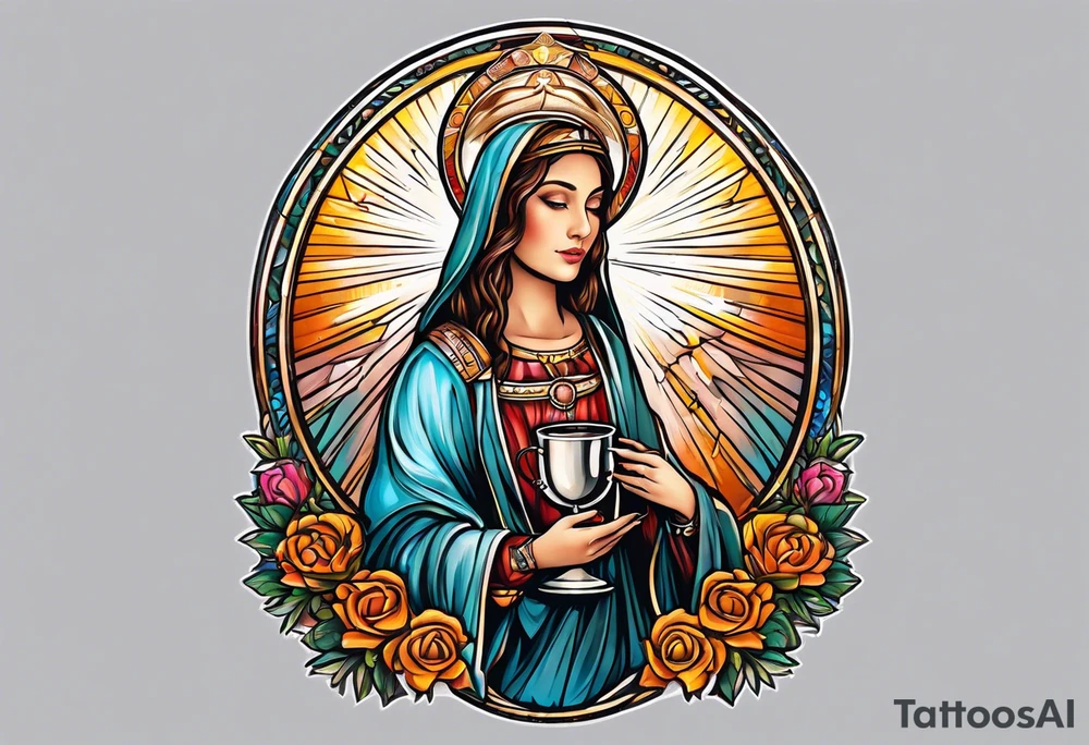 holy saint woman with halo holding a chalice tattoo idea