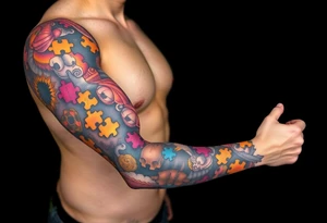 full left arm sleeve dedicated to my son with autism full color giving him the world autism awareness tattoo idea