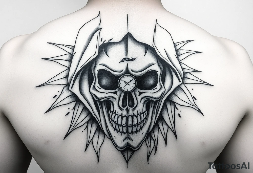 Un rostro masculino dividido en capas como una máscara que se rompe o se desvanece en viento o formas geométricas.

Dentro, se ve una calavera, un reloj o una brújula. tattoo idea