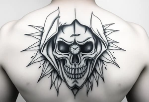 Un rostro masculino dividido en capas como una máscara que se rompe o se desvanece en viento o formas geométricas.

Dentro, se ve una calavera, un reloj o una brújula. tattoo idea