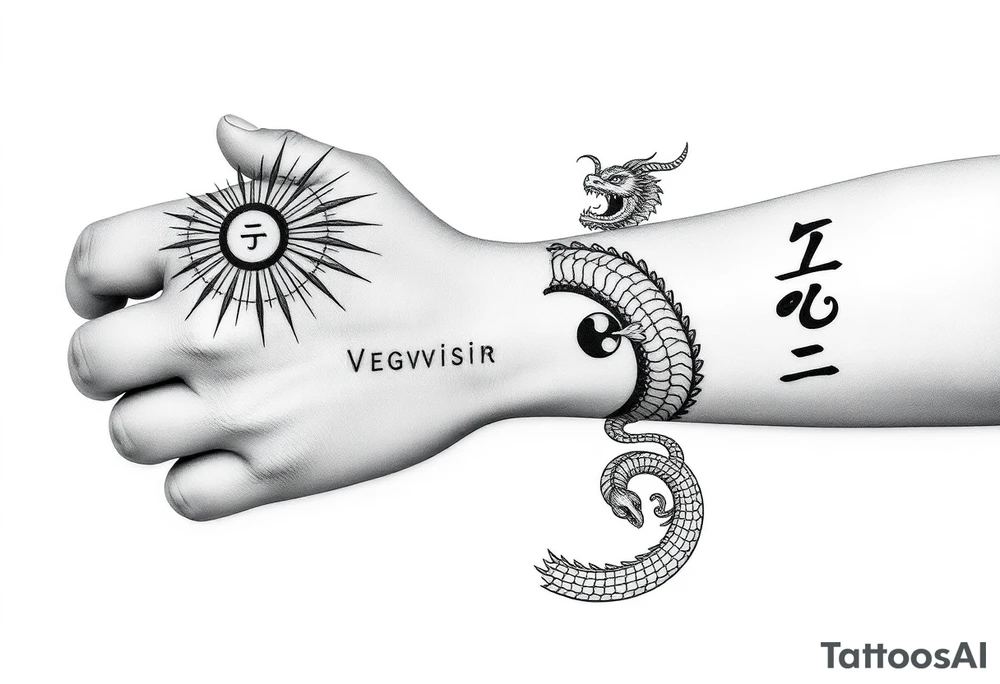 Full blackwork tattoo from hand to elbow.
	•	Hand centerpiece: Vegvisir in rough rune style, surrounded by a radiant Thai sun disc.
	•	Fingers: One rune on each — Tiwaz (thumb), Eiwaz, Algiz, Sowilo, Ansuz (pinky) — in carved bone style.
	•	Forearm: A coiling dragon/serpent with Japanese flow and a Nordic beast head.
	•	Inside dragon loop: Yin-Yang with broken runic circle; optional tiny sun & moon inside.
	•	Inner forearm: Vertical script — either Japanese (武士道) or Old Norse runes (ᚺᚢᚷᚱ ᛖᚱ ᛋᛏᛖᚱᚲᚱ).
	•	Background: Nordic knotwork, Thai swirls, Japanese wave lines. tattoo idea