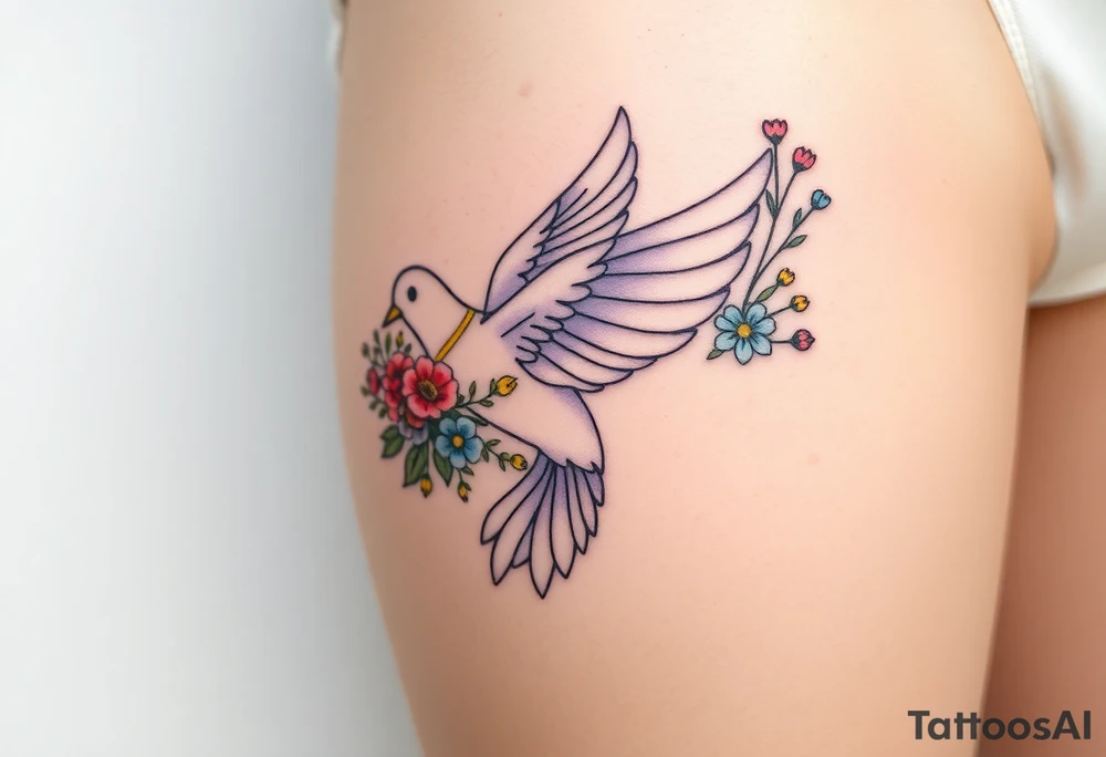 A collared dove with a bouquet of wildflowers in its talons, in soft pastel tones like lavender, peach, and pale blue, representing love and freedom in nature tattoo idea