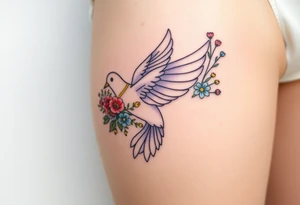 A collared dove with a bouquet of wildflowers in its talons, in soft pastel tones like lavender, peach, and pale blue, representing love and freedom in nature tattoo idea