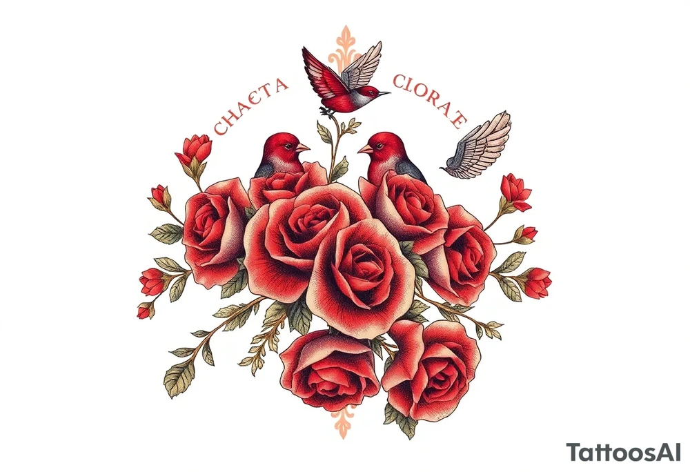 Vintage lace, red roses, red birds, vintage, wrap around, tighter together, no space open tattoo idea