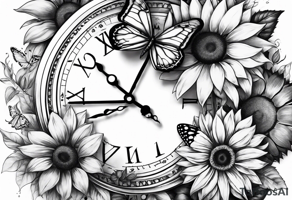 Sleeve with clock, sunflower and butterflies tattoo idea