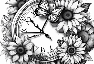 Sleeve with clock, sunflower and butterflies tattoo idea