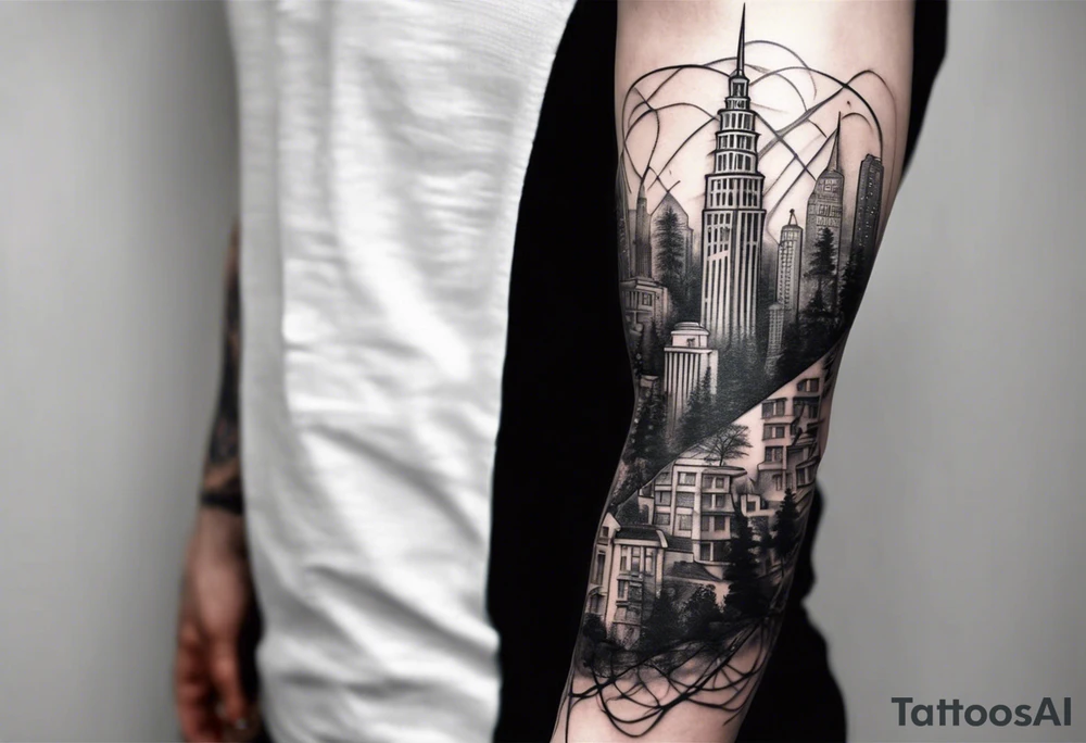 full arm sleeve tattoo a tree that looks like a DNA strand with a city skyline tattoo idea