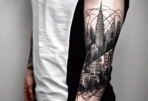 full arm sleeve tattoo a tree that looks like a DNA strand with a city skyline tattoo idea